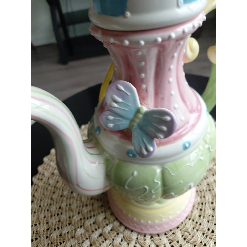 Whimsical Teapot Table Lamp Pastel Colors Butterfly Ceramic Artsy - Picture 4 of 8
